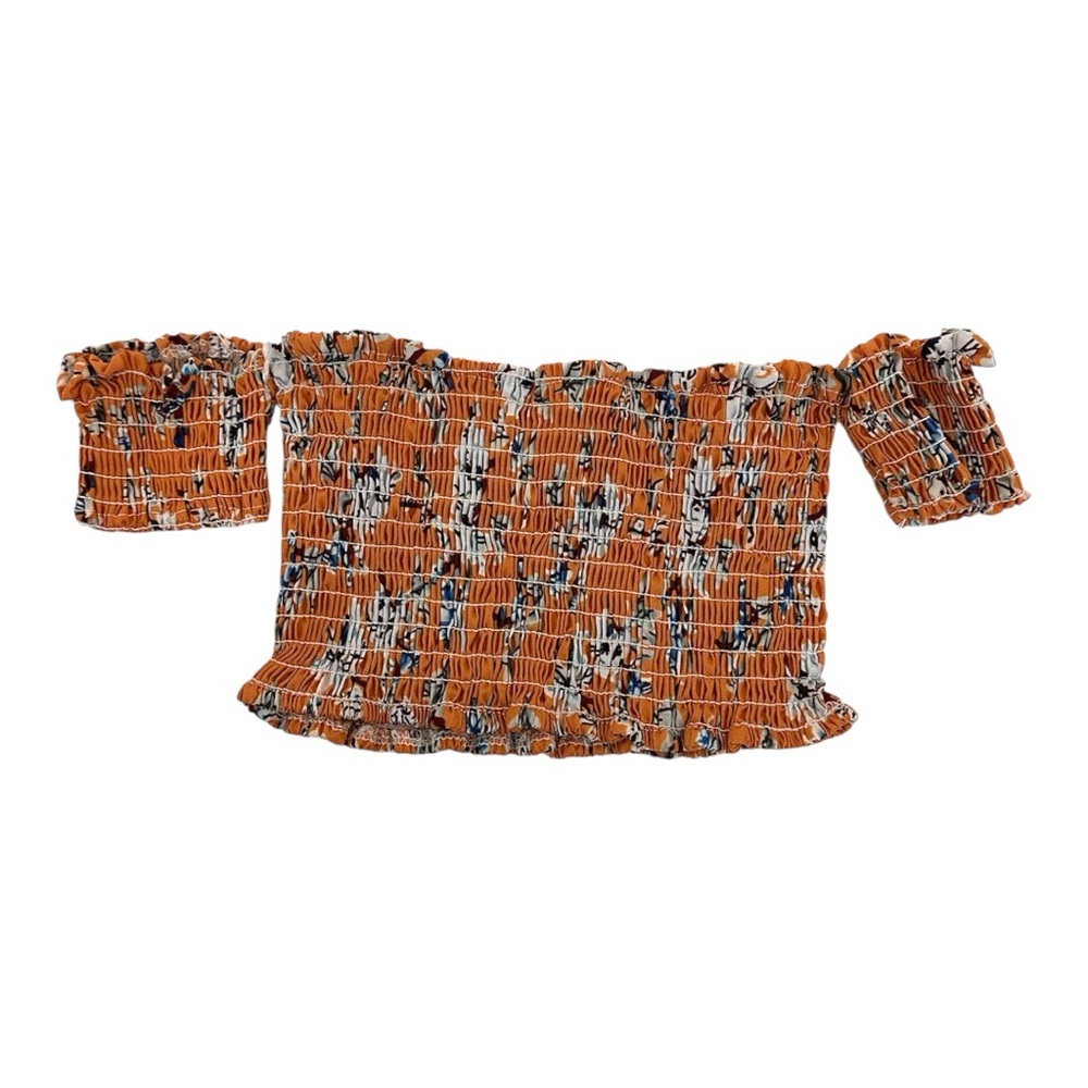 Boho Orange White Floral Smocked Off-Shoulder Floral Micro Crop Top Medium Y2K